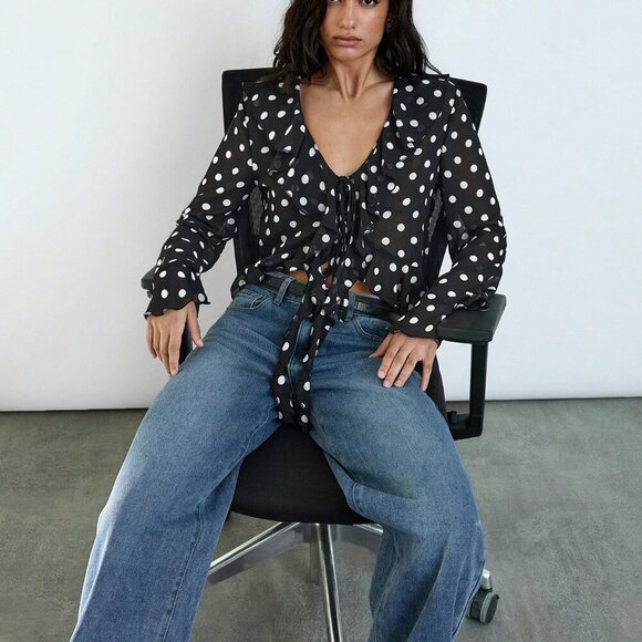 Black Women's Polka Dot Print Design Front Bow Tie Ruffle details blouse - Picture 2 of 11